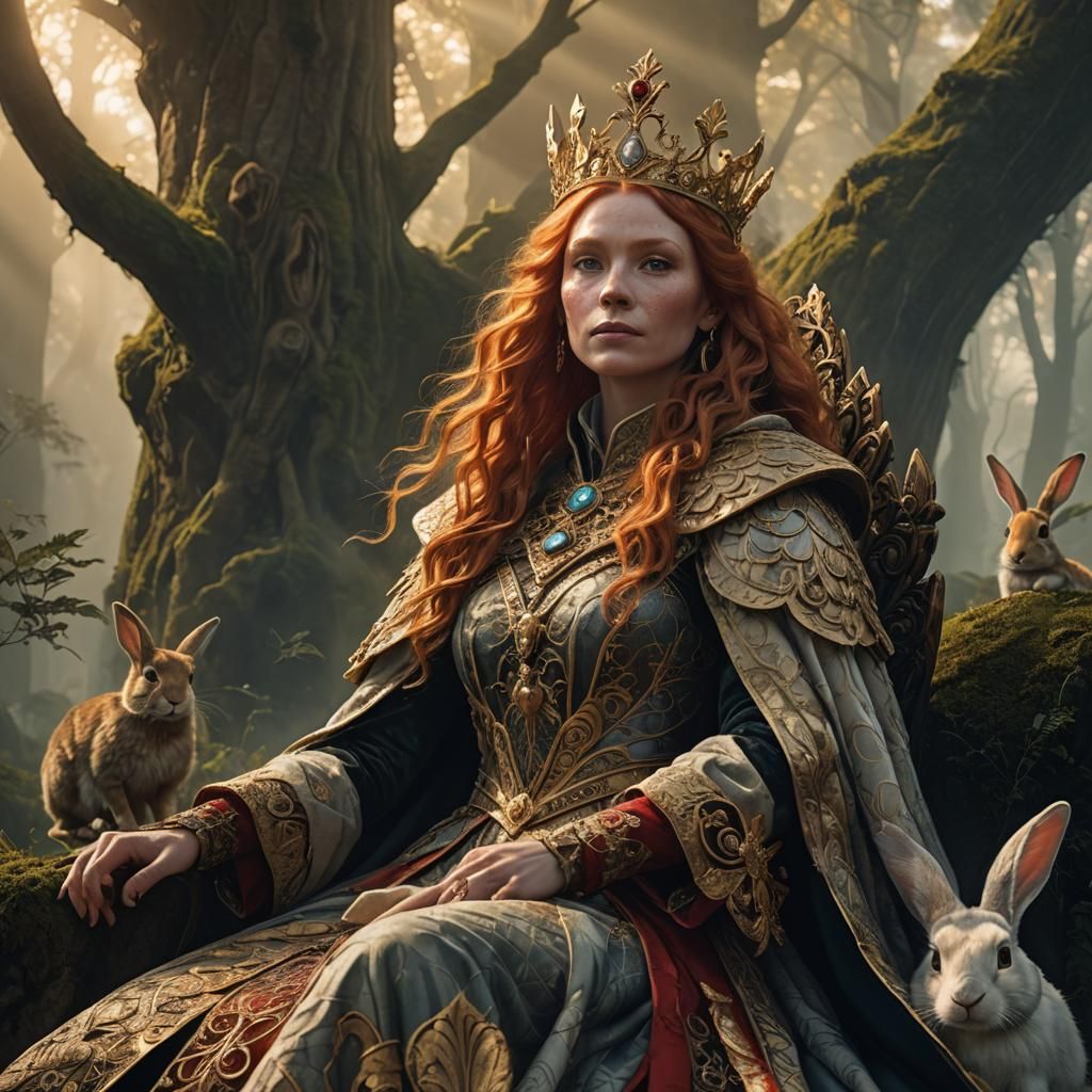 Fantasy Queen with Rabbit in Mystical Forest