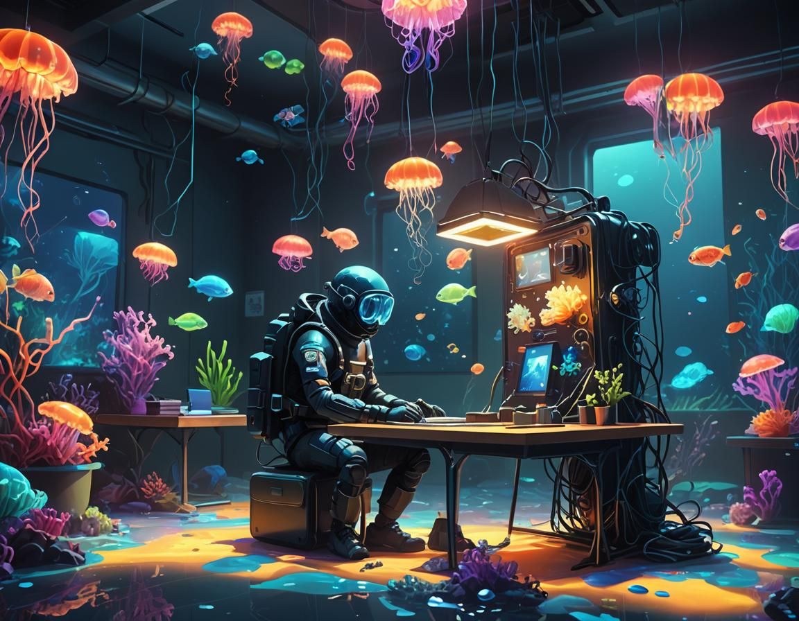 Underwater Office Scene in Neon Street Art Style
