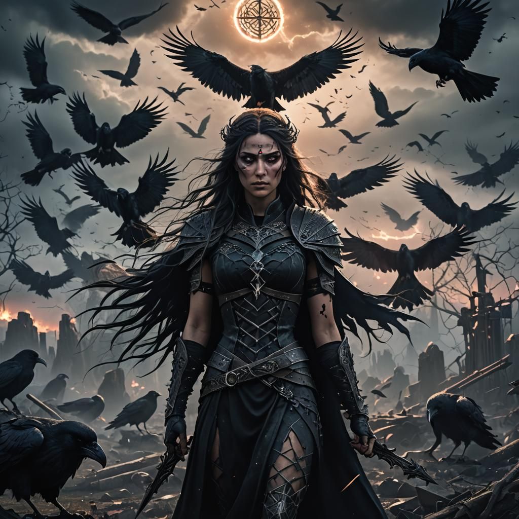 Goddess Morrigan in Desolate Warscape with Ravens
