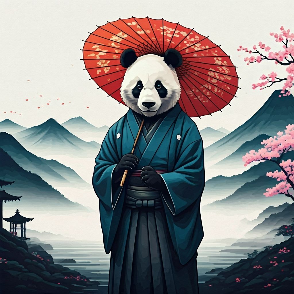 Panda with Japanese Umbrella in Ink Painting Style