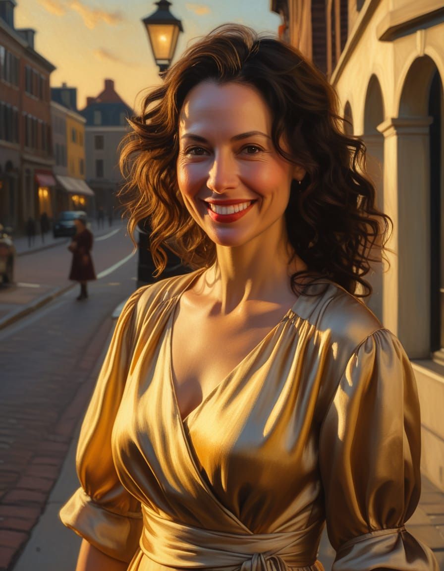 Woman in Wrap Dress on Street Corner as Oil Painting