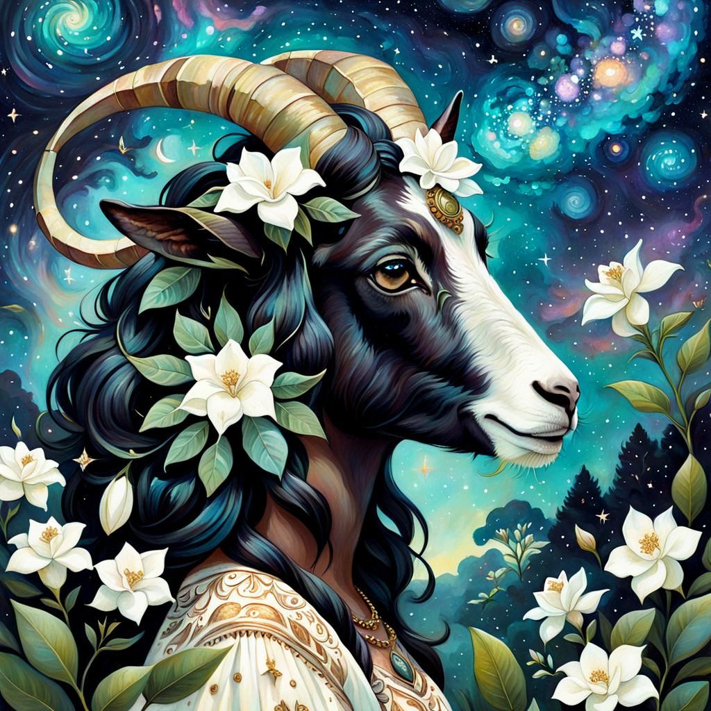 Ethereal Gypsy Girl with Goat in Galaxy Garden