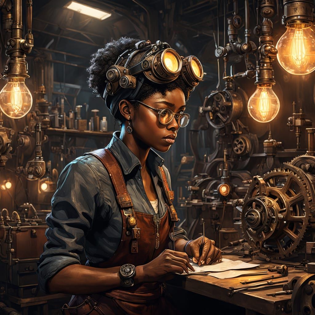 Steampunk Afroasian Mechanic Girl in Workshop