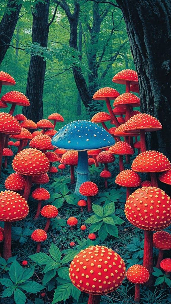 Blue Mushroom Stands Out in Psychedelic Forest