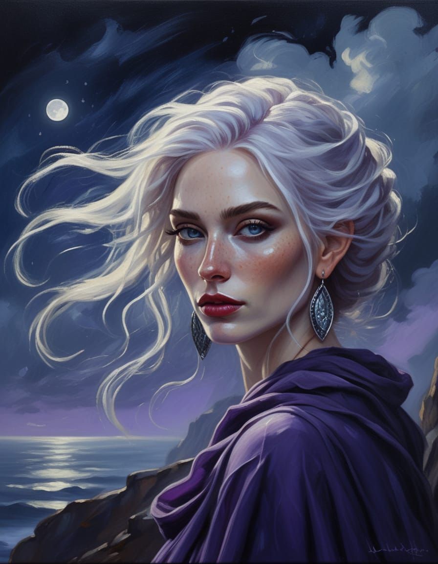 Elf Woman on Cliff Edge at Night in Impressionist Style