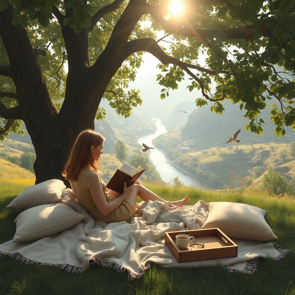 Cozy Reading Nook in Nature, Earthy Tones