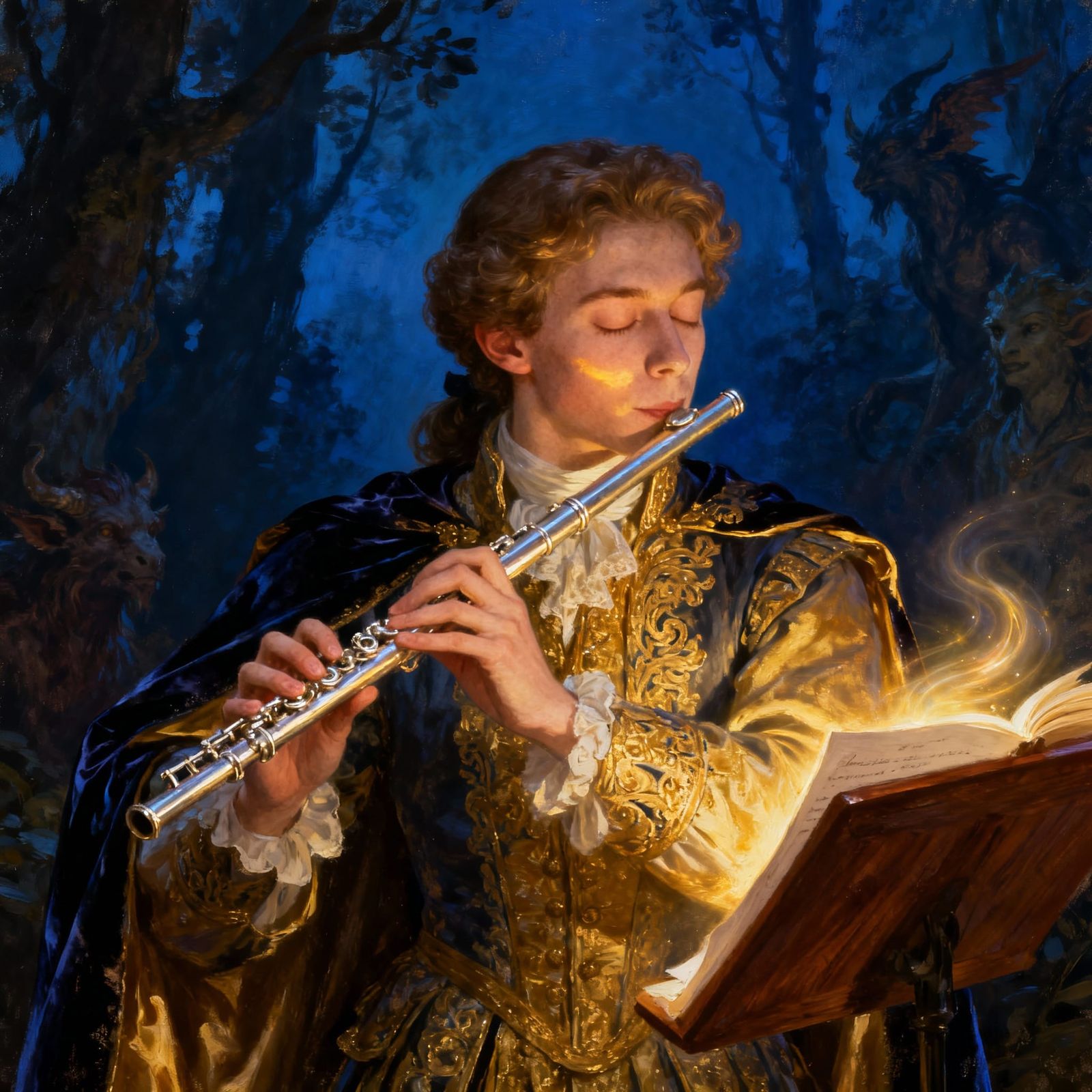 Tamino Plays the Magic Flute in Dramatic Painting