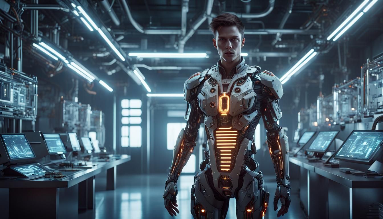 Futuristic male cyborg creep