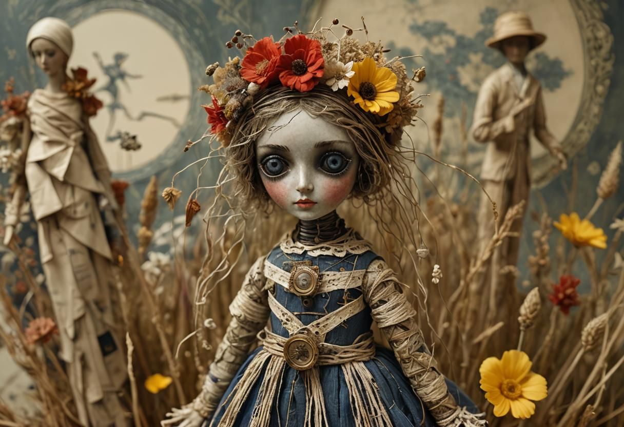 Esoteric Doll Collage in Naive Folk Art Style