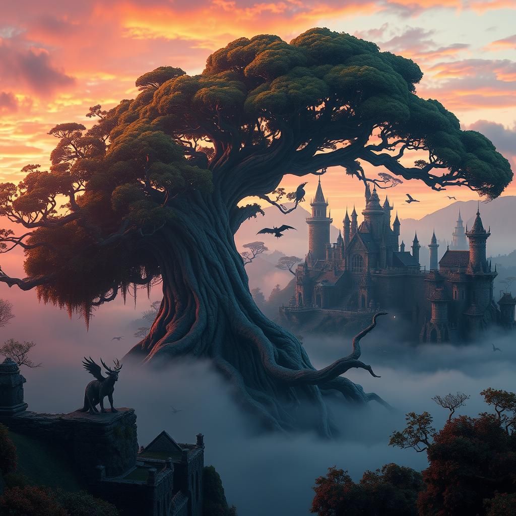 Mystical Realm at Dusk with Tree City