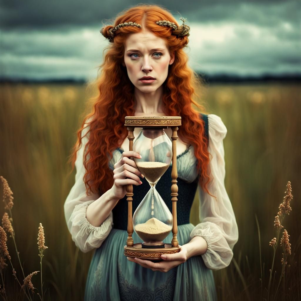 A beautiful surreal photograph of a beautiful ginger woman holding a hourglass looking sad standing far off in a field, ...