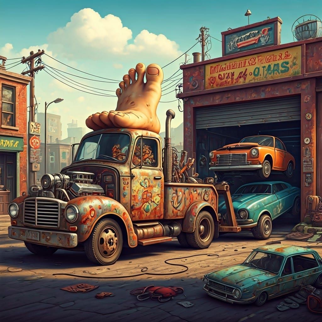 Toe Truck Tows Car in Whimsical Urban Illustration