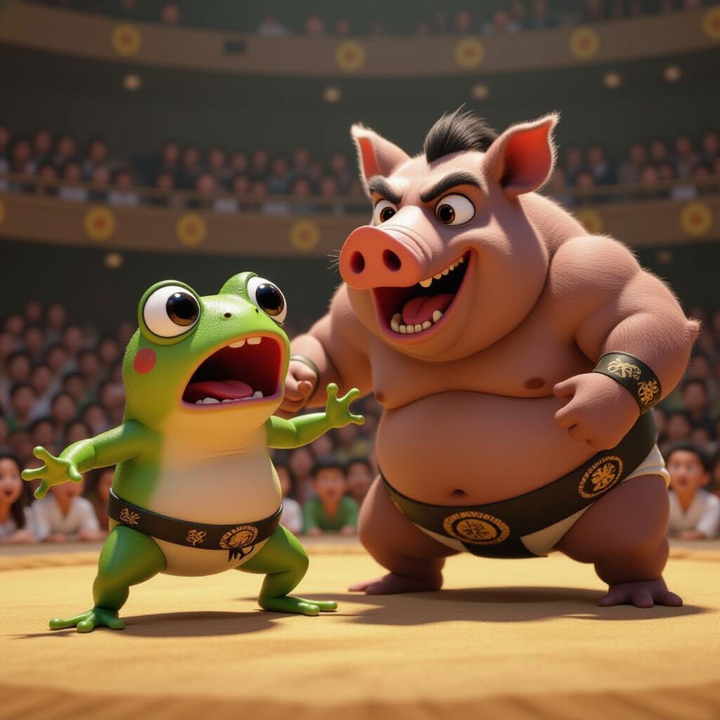 Frog Sumo Wrestler vs Boar in Pixar Style