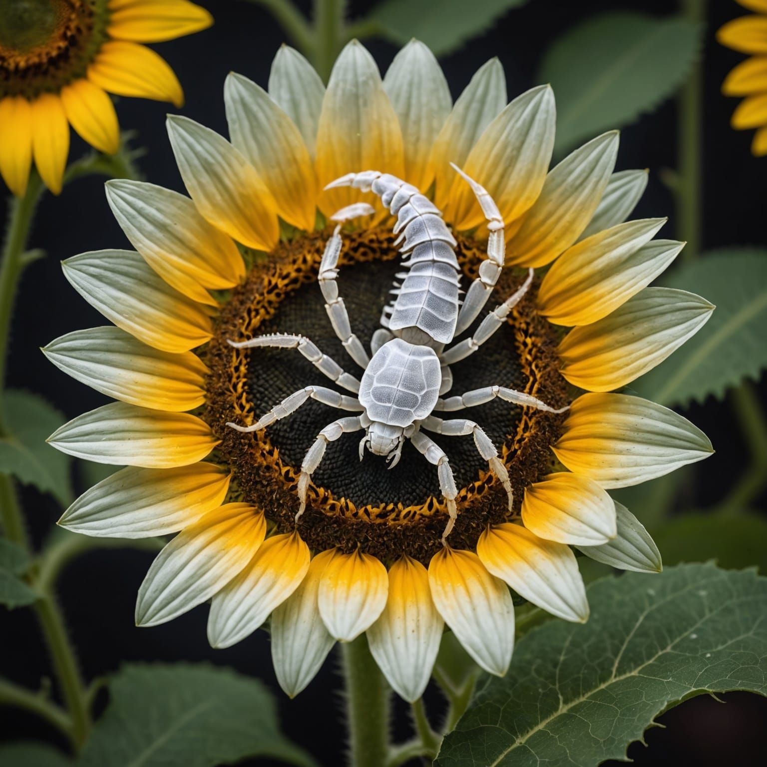 Translucent Scorpion Resting on Sunflower: Hyperrealistic Im...