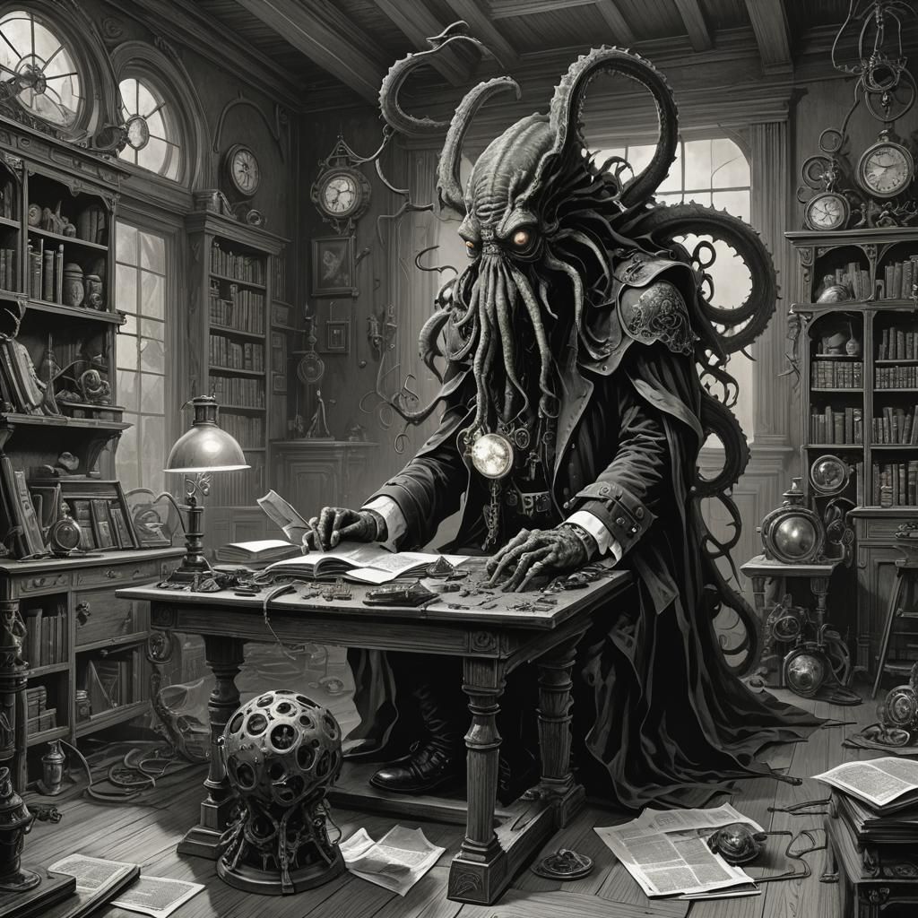 Steampunk Horror Creeping into House, Doré Illustration