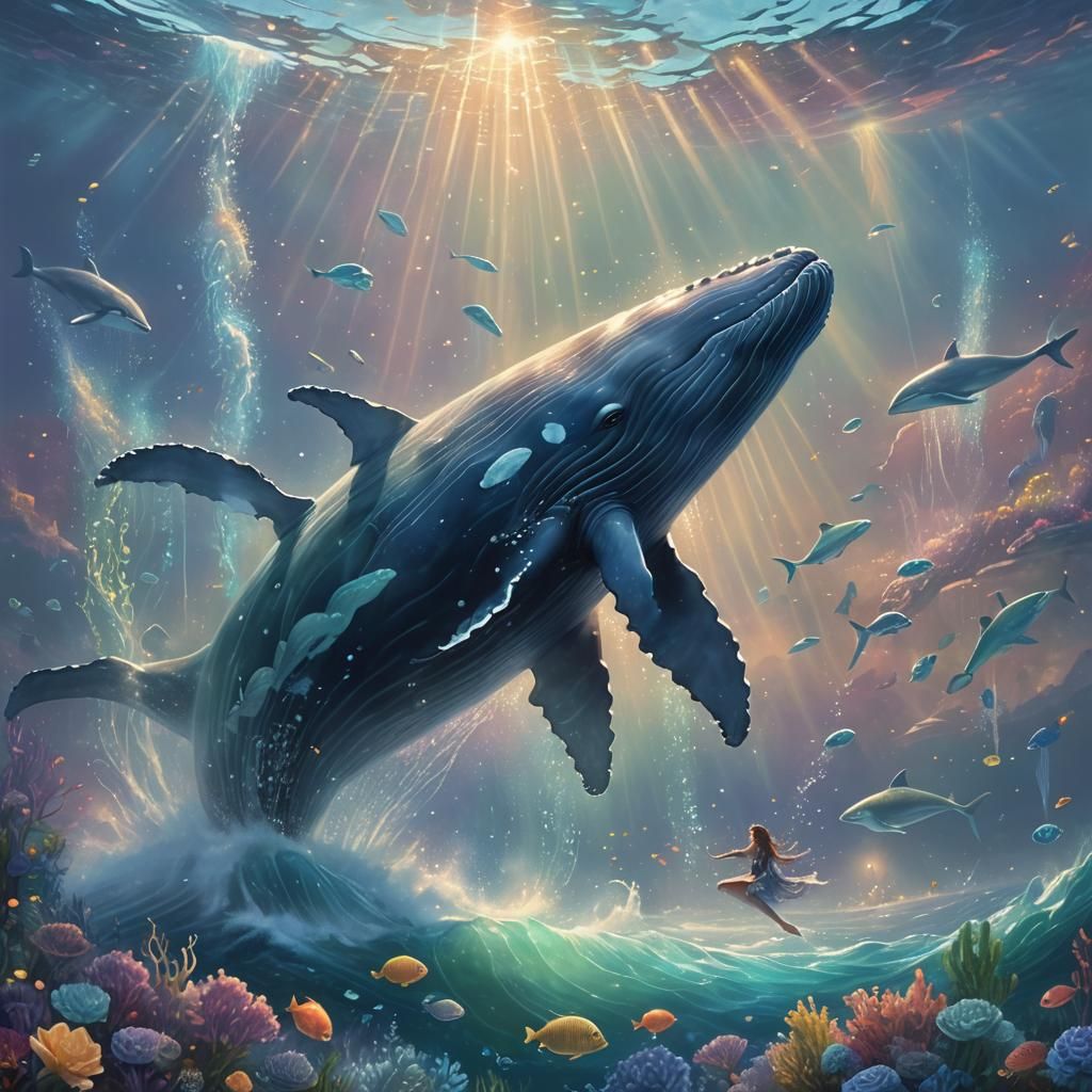 Whale's Gentle Voyage: Ethereal Fantasy in Soft Lighting