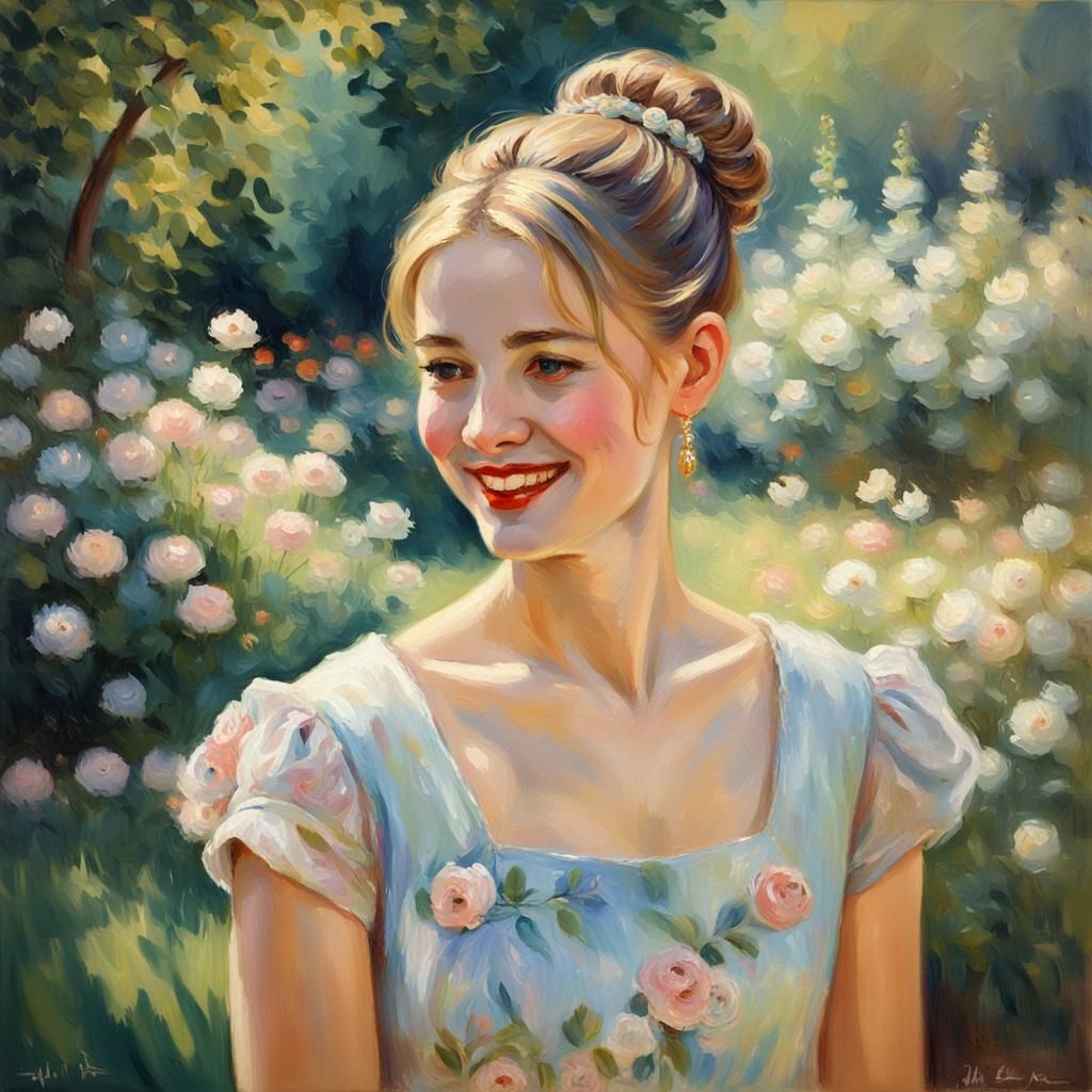 Smiling Woman in Garden: French Impressionist Portrait