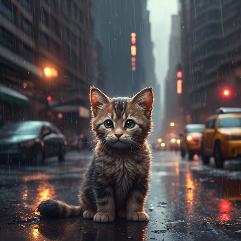 Sad Kitten in Rainy New York: Hyperrealistic