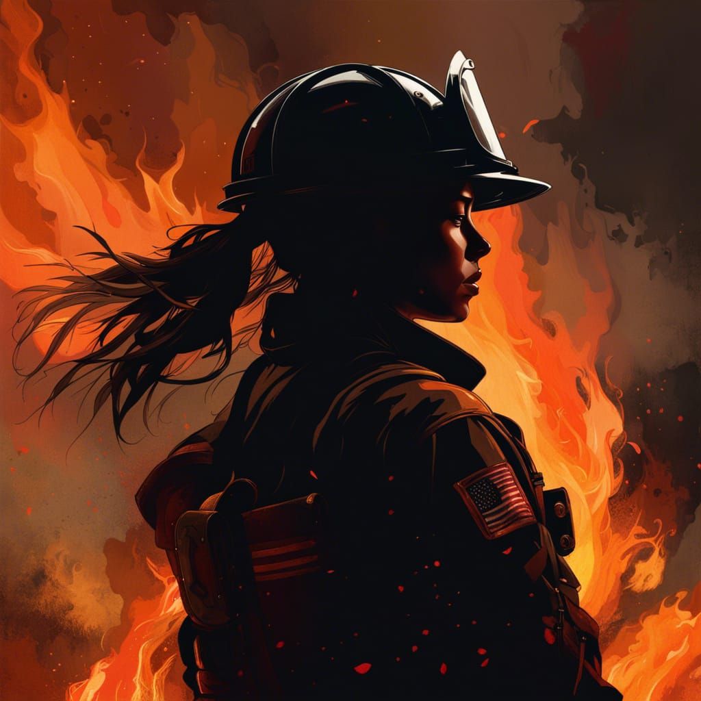 Firefighter Silhouette Walking into Flames: Heroic Scene
