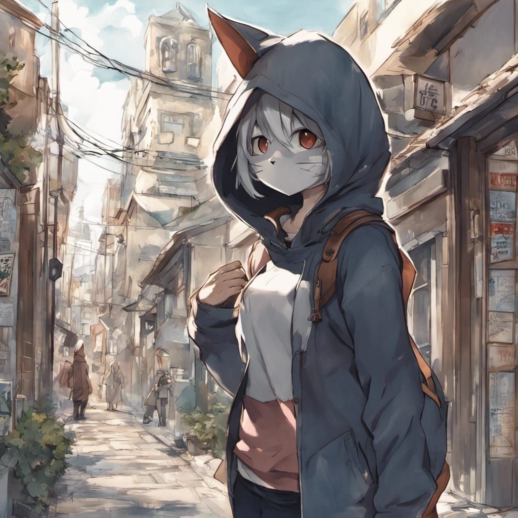 Anime Style Thief Cat in Cityscape