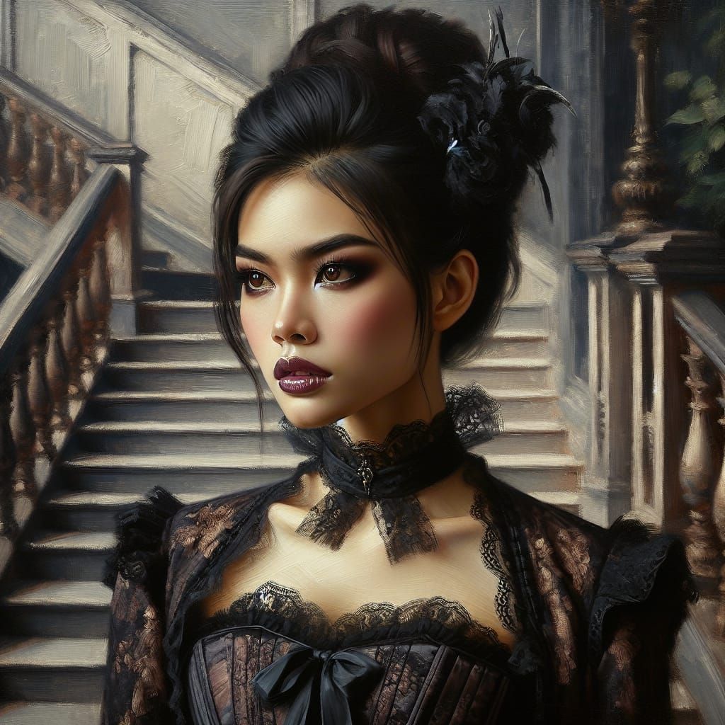 Gothic Victorian Thai Woman Portrait in Oil