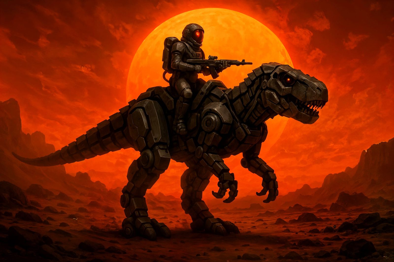 Astronaut Rides Mechanical Dinosaur on Alien World