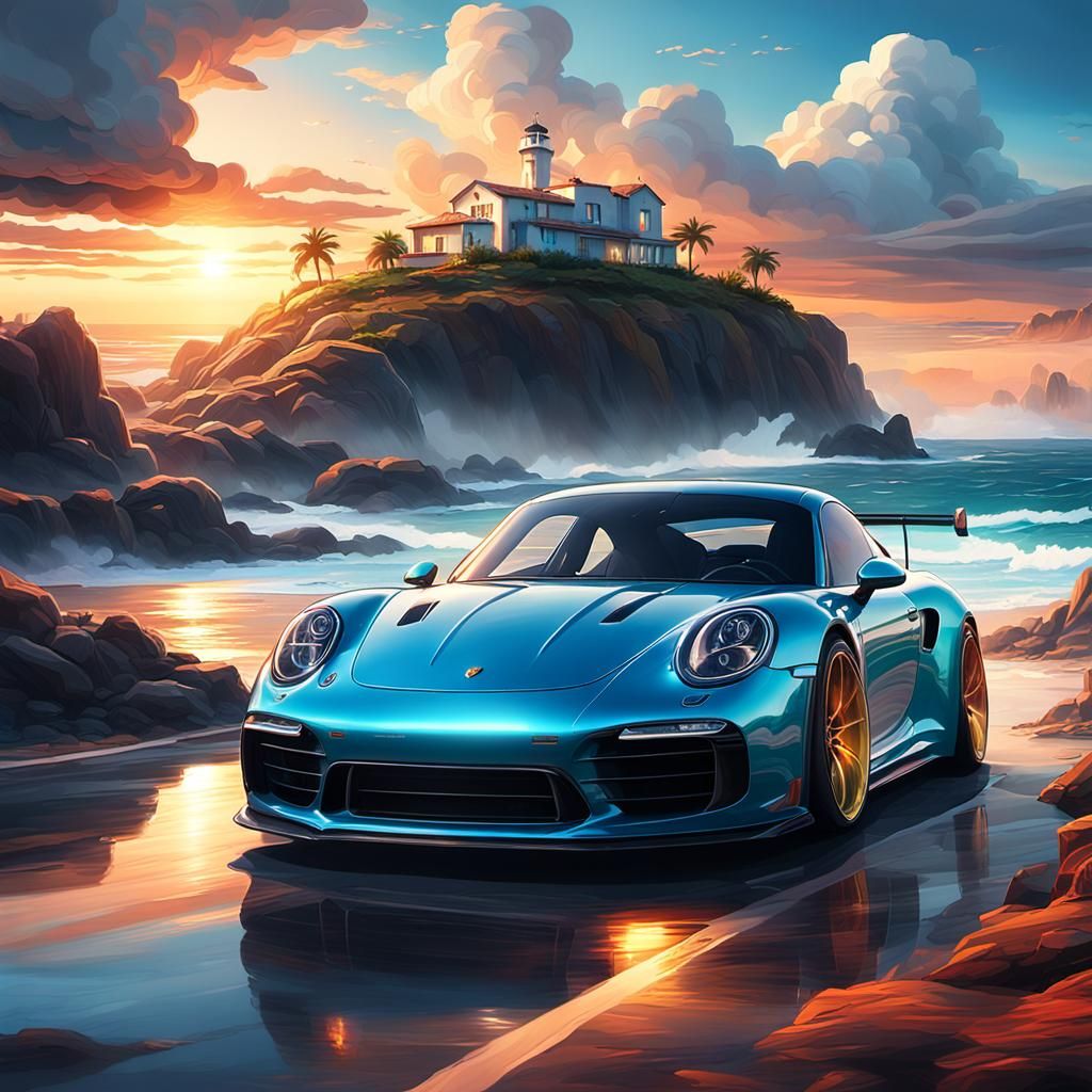 Porsche Races Ocean Coastline in Fantasy Matte Painting