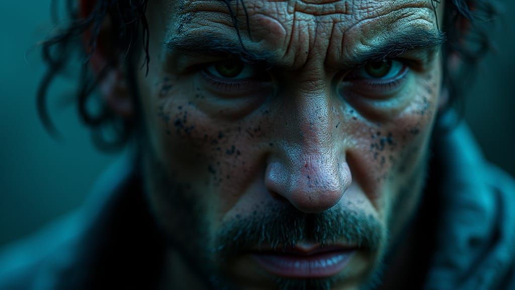 Intense Battle-Worn Face in Dark Realism Style