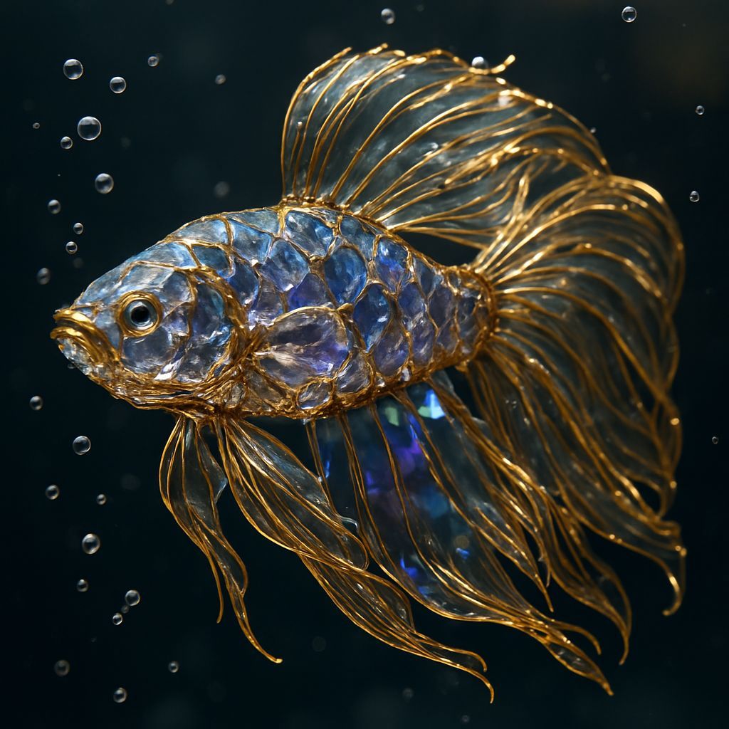 A hyper-realistic betta fish crafted entirely from crystal and gold, with translucent gemstone scales shimmering in irid...