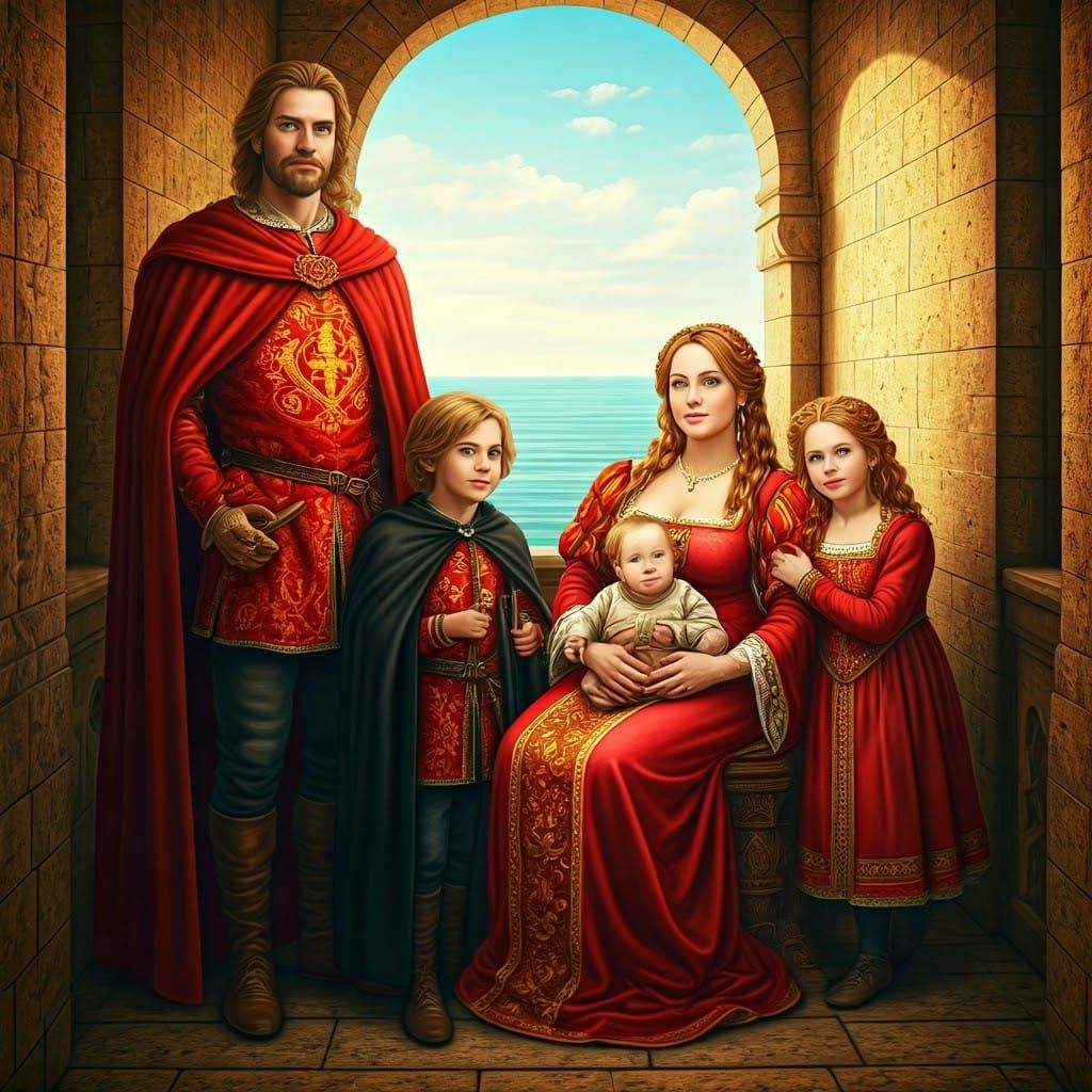 Medieval Noble Family Portrait in Sunlit Coastal Landscape