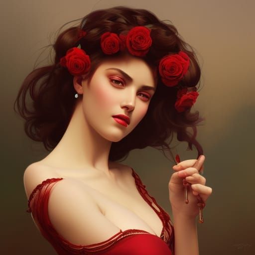 Spanish Woman in Red Velvet Dress with Roses