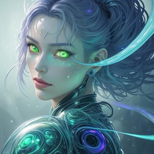 Iridescent Woman with Bioluminescent Eyes in Sci-Fi Portrait