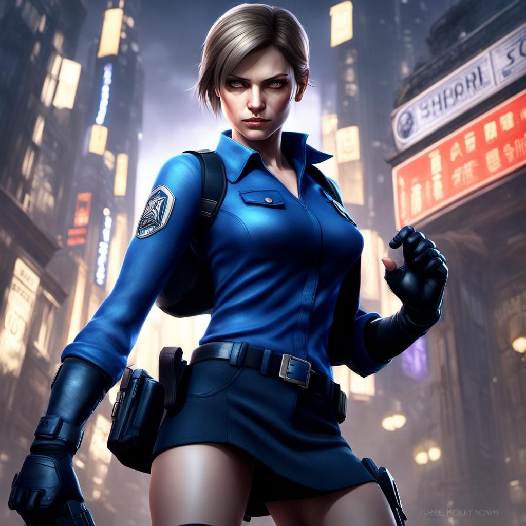 Jill Valentine with miniskirt, black stockings
