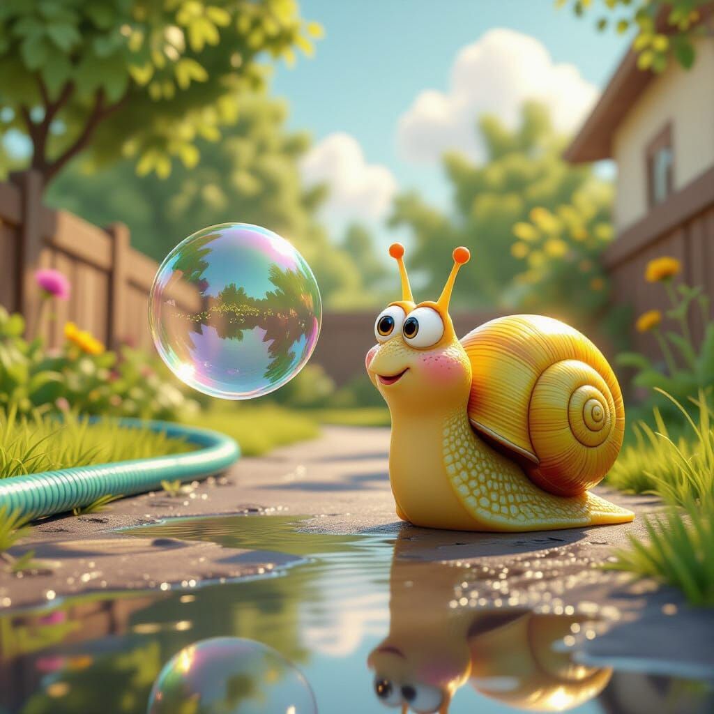 Pixar-Style Snail Fascinated by Soap Bubble