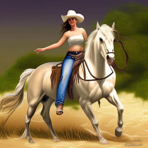 Beautiful Cowgirl on White Horse Digital Painting