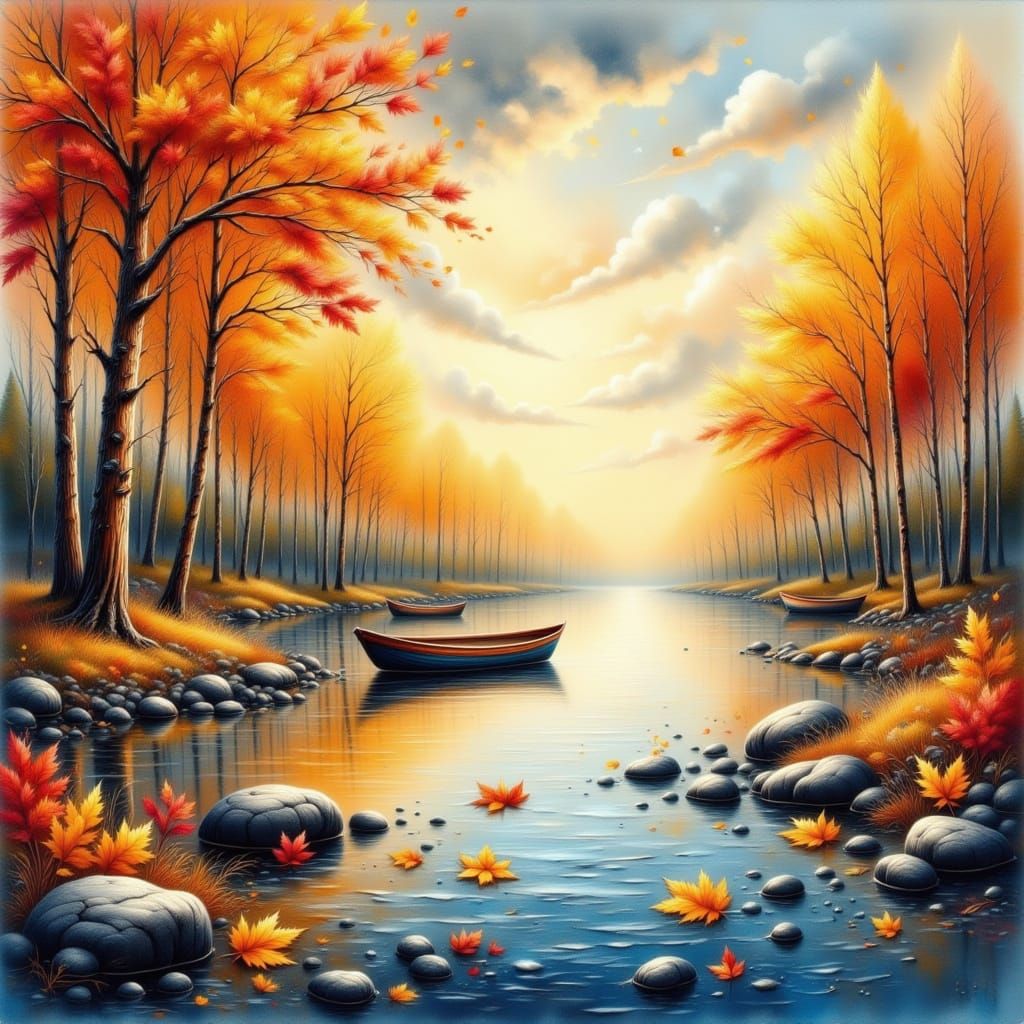 Impasto Autumn River Landscape with Boats