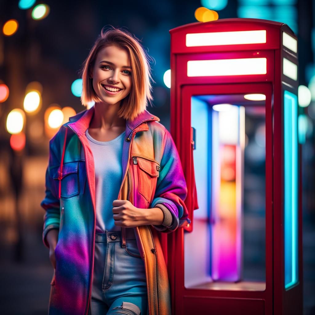 Smiling Girl by Phone Booth, Professional Photography