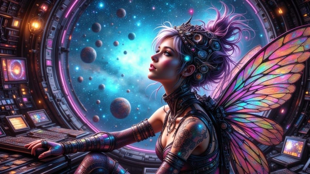 Cyborg Fairy Punk Astronaut in Retro Rocket