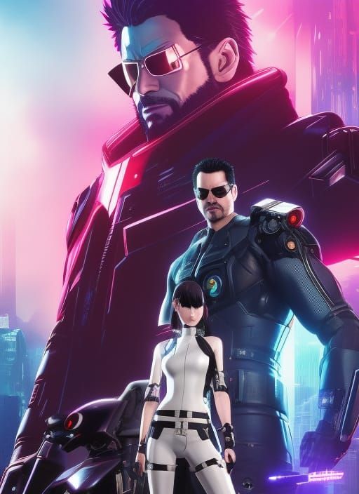 JC Denton Anime Key Visuals in Cyberpunk Style