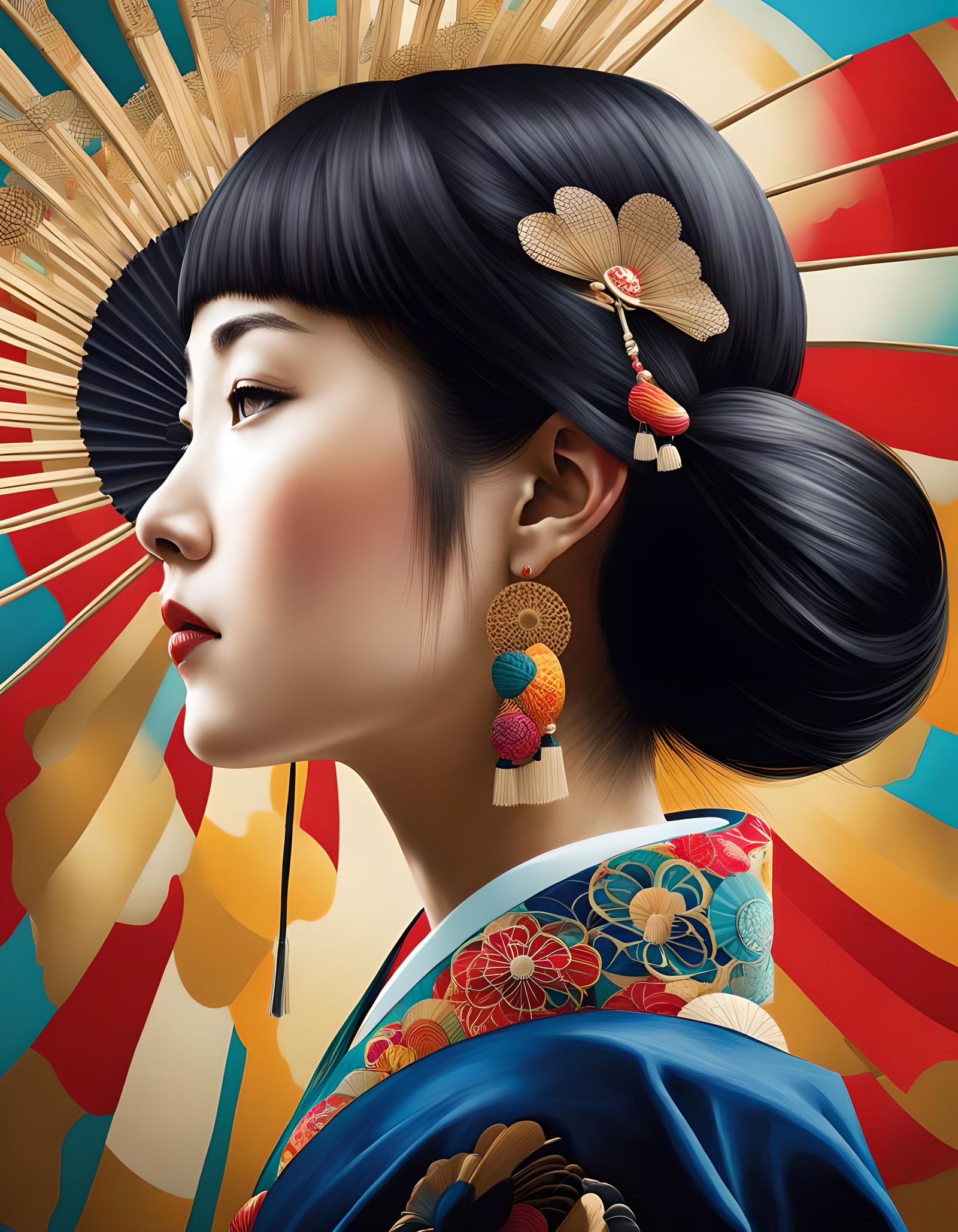 Japanese Woman in Fan: Graffiti Art Style