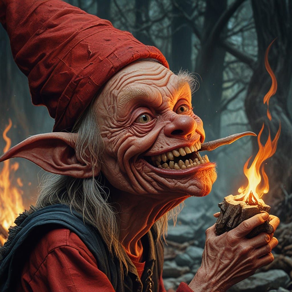 Menacing Gnome Crone at Campfire: Horror Illustration