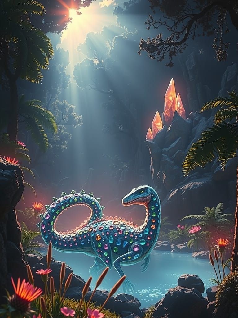 Majestic Gemstone Dinosaur in Emerald Paradise