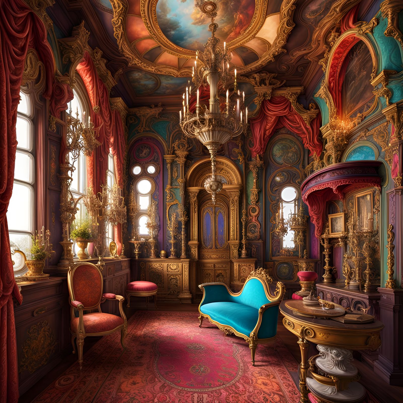 Maximalist Rococo Palace Chamber with Steampunk Engine