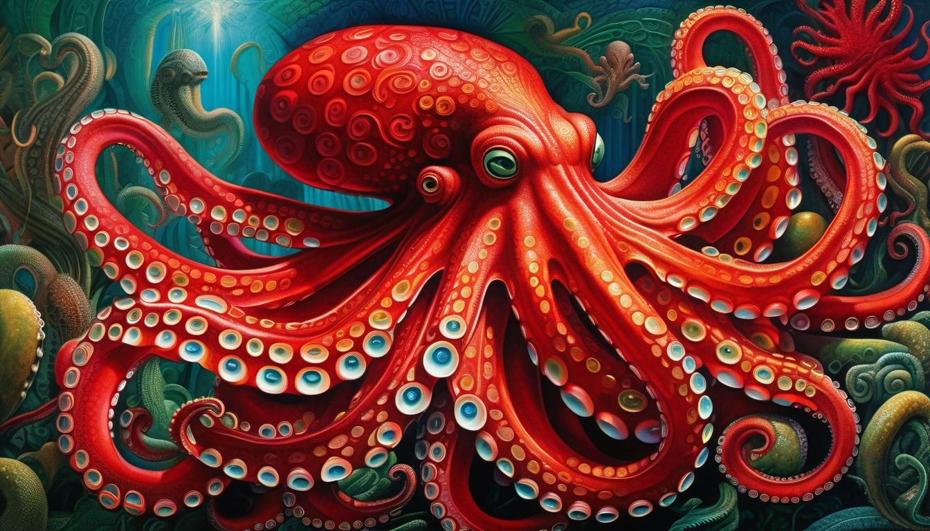 Elaborate Red Octopus in Fantastic Realism Style