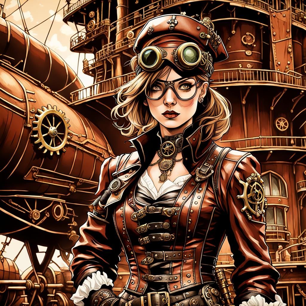 Steampunk Pirate Girl with Airship, Inspired by Anime
