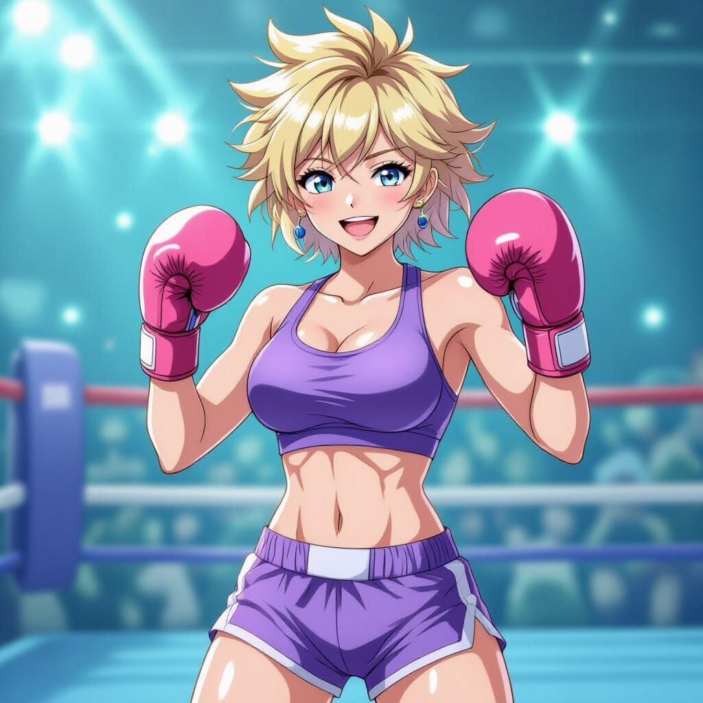 Anime Woman Boxer Poses in Lilac Gear