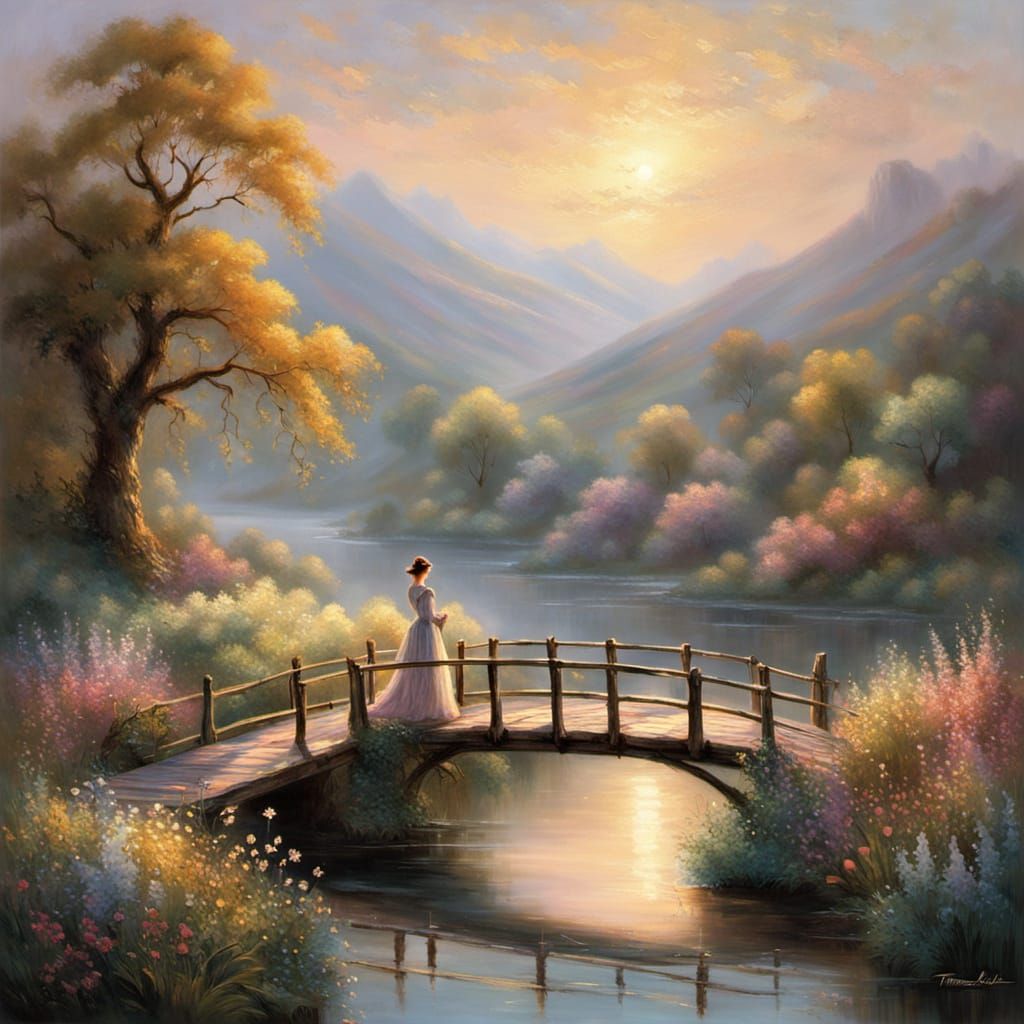 Dreamy Victorian Lady on a Weathered Bridge in a Luminous La...