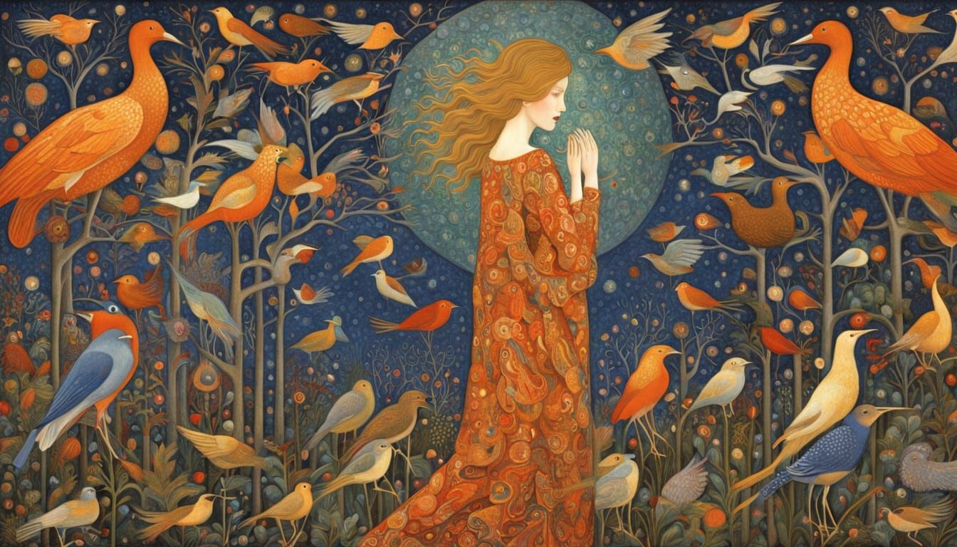 Ethereal Woman with Cosmic Birds in Surreal Style
