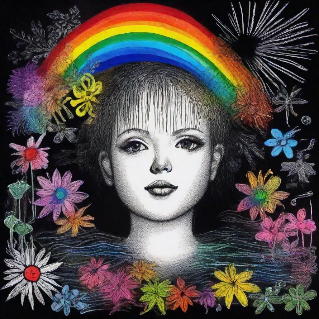 Surreal Crayon Drawing: Goth Chibi in Darkness