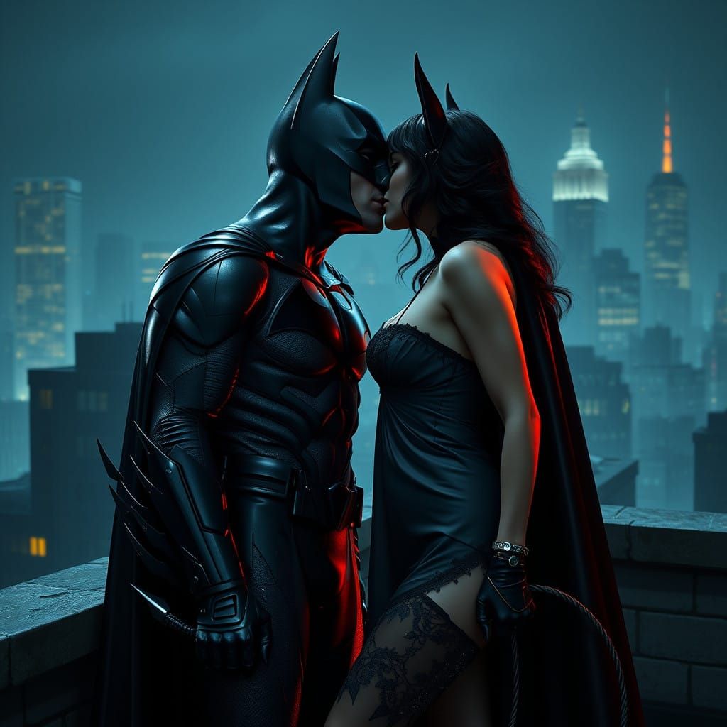 Gothic Batman and Catwoman in Passionate Kiss